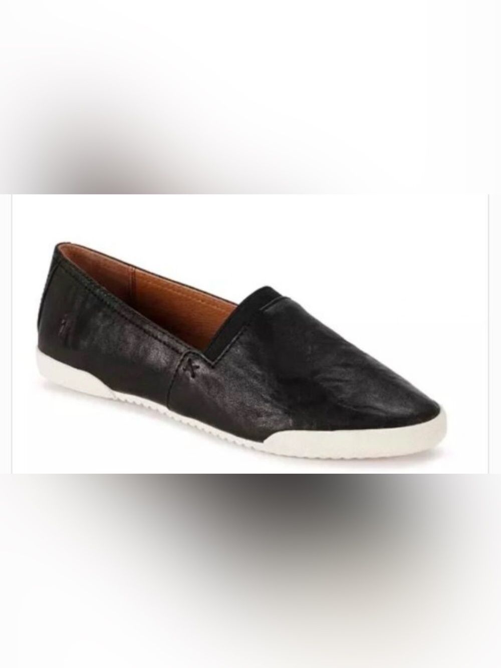 Frye Black Leather Slip-On Flats with White Trim - Picture 2 of 11